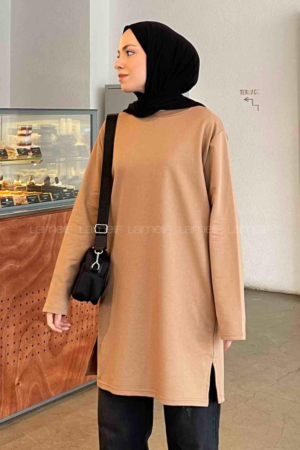 Brown With Milk Crew Neck Poplin Fabric Elastan Tunic