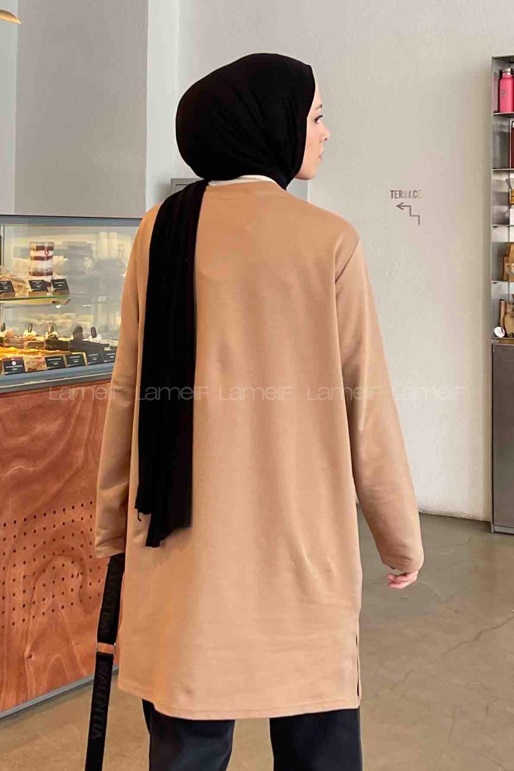 Brown With Milk Crew Neck Poplin Fabric Elastan Tunic