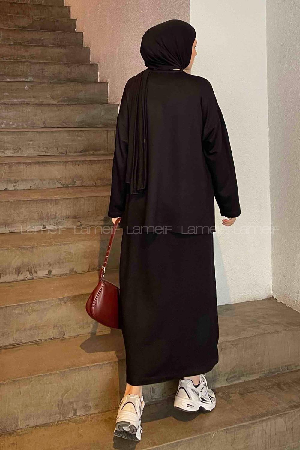 Lamelif Kristal Etekli Tesettür Takım Siyah