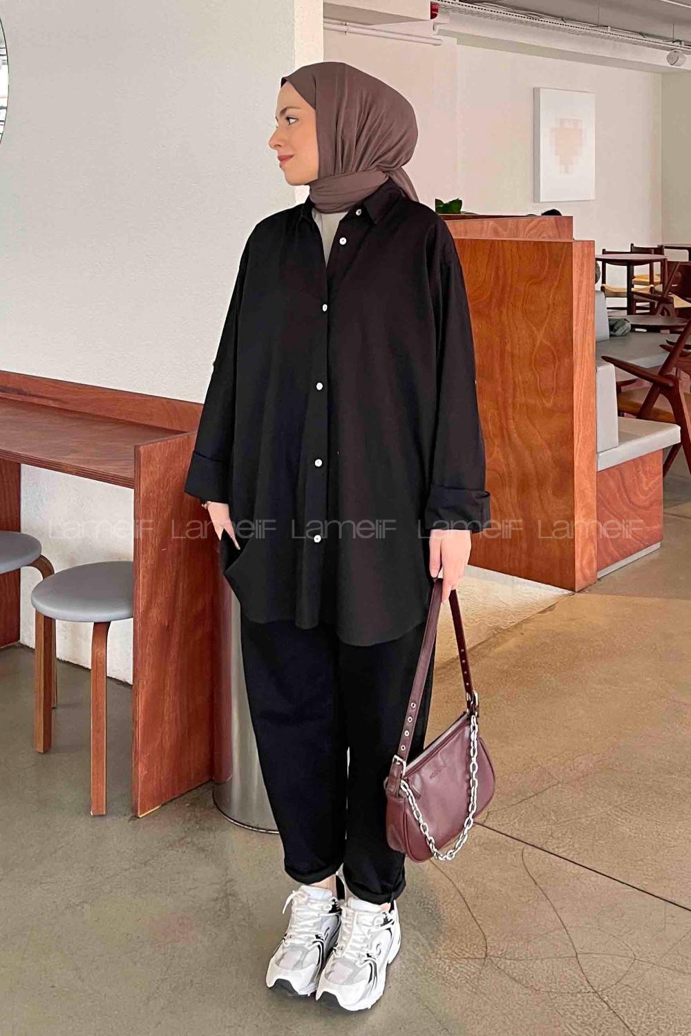 Black-1 Shirt Collar Bat Sleeve Arm Poplin Fabric Unprinted Shirt