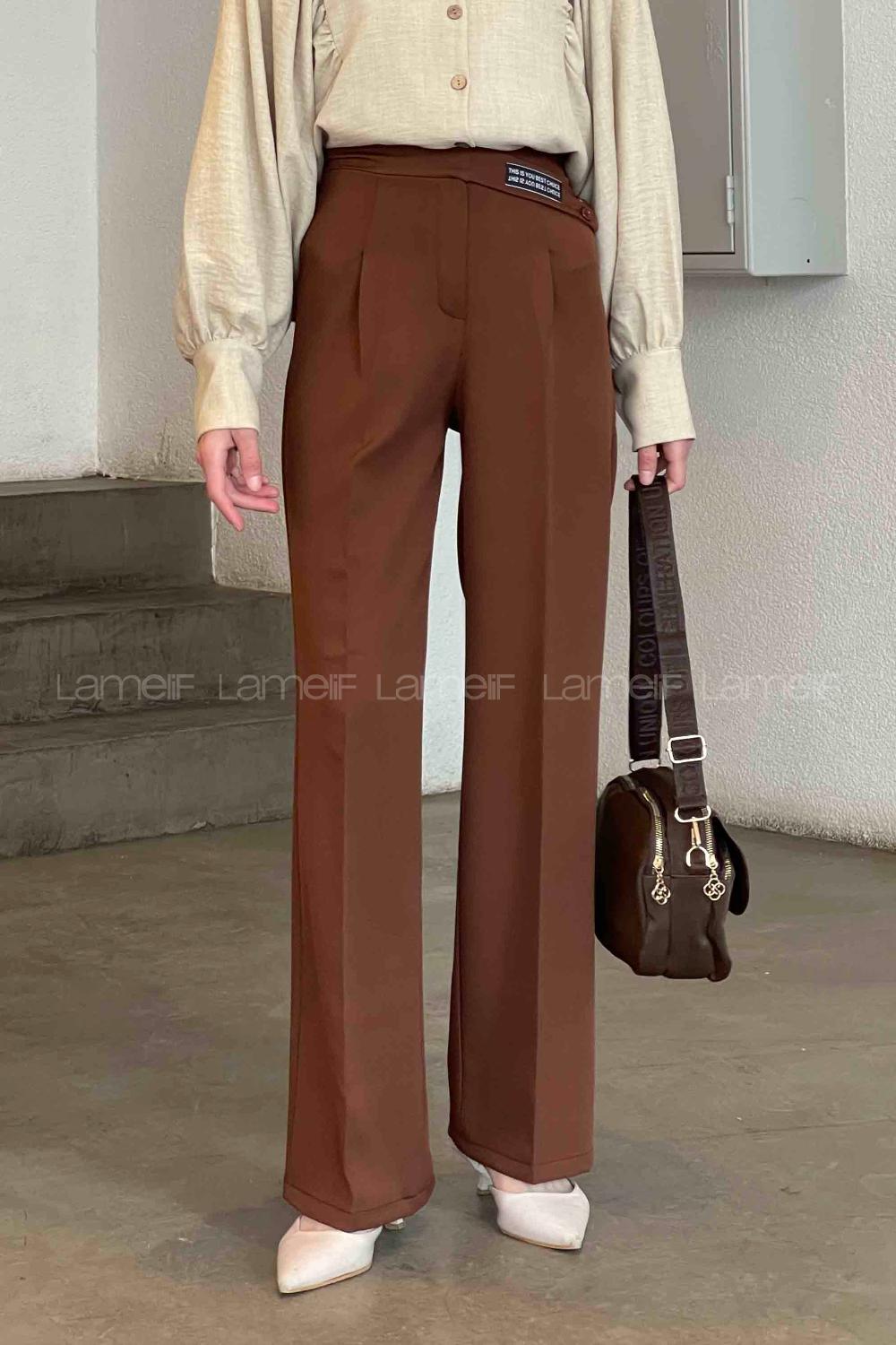 Brown Poplin Fabric Elastan High Waist Comfortable Pants