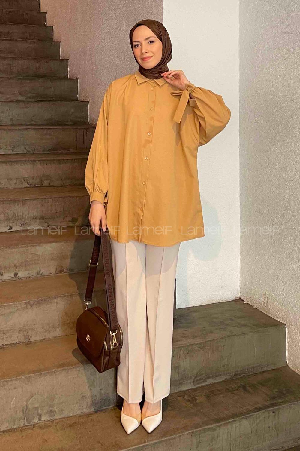 Lamelif Kol Detaylı Gömlek Camel