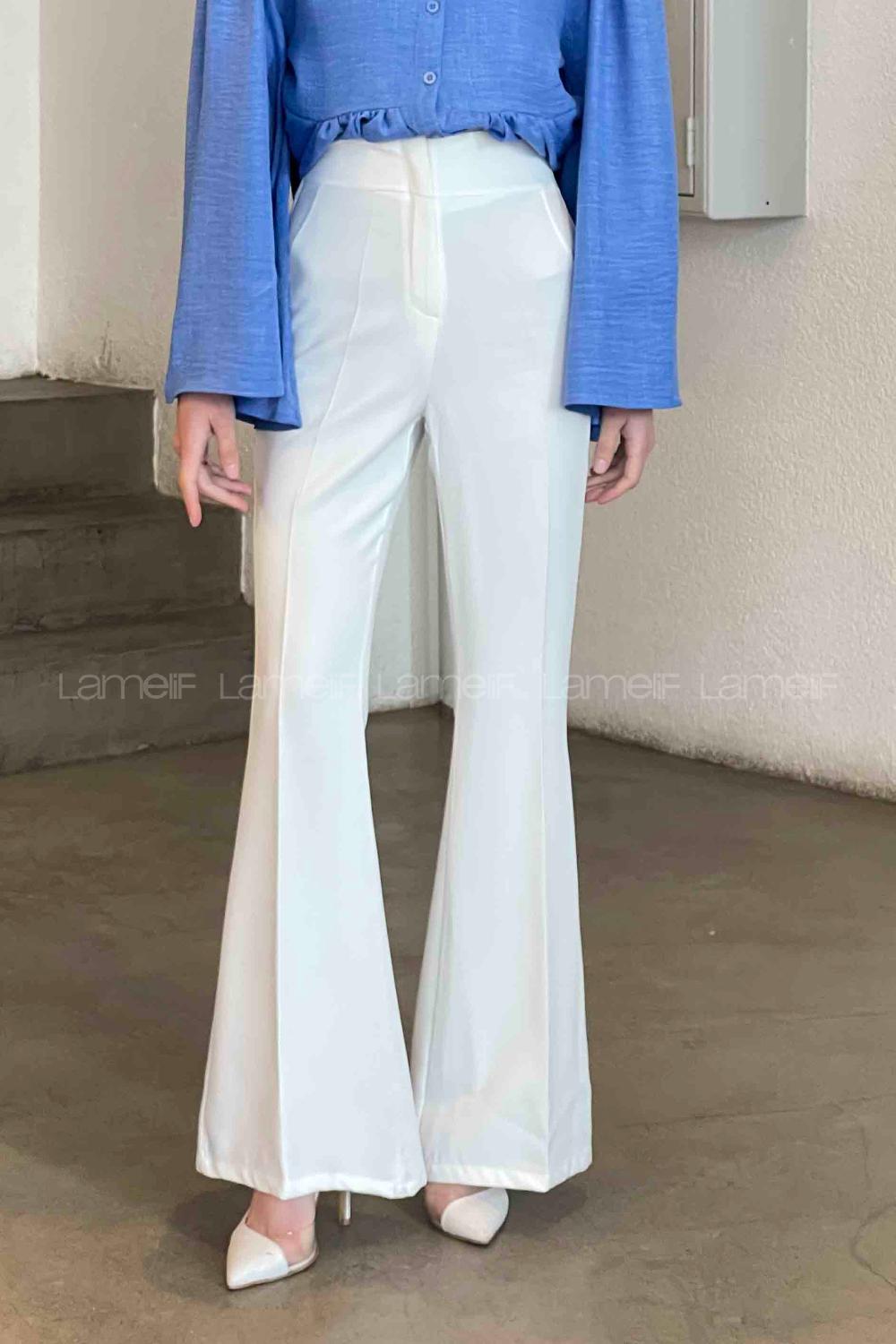 Lamelif Yüksek Bel İspanyol Paça Gizli Cep Pantolon Ekru
