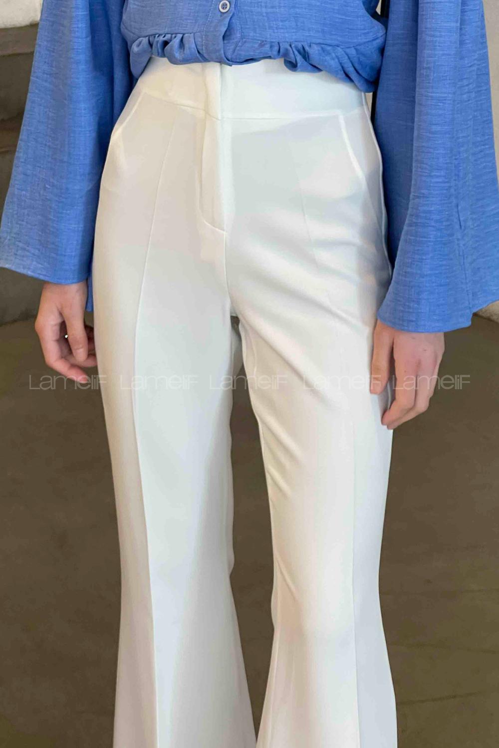Lamelif Yüksek Bel İspanyol Paça Gizli Cep Pantolon Ekru