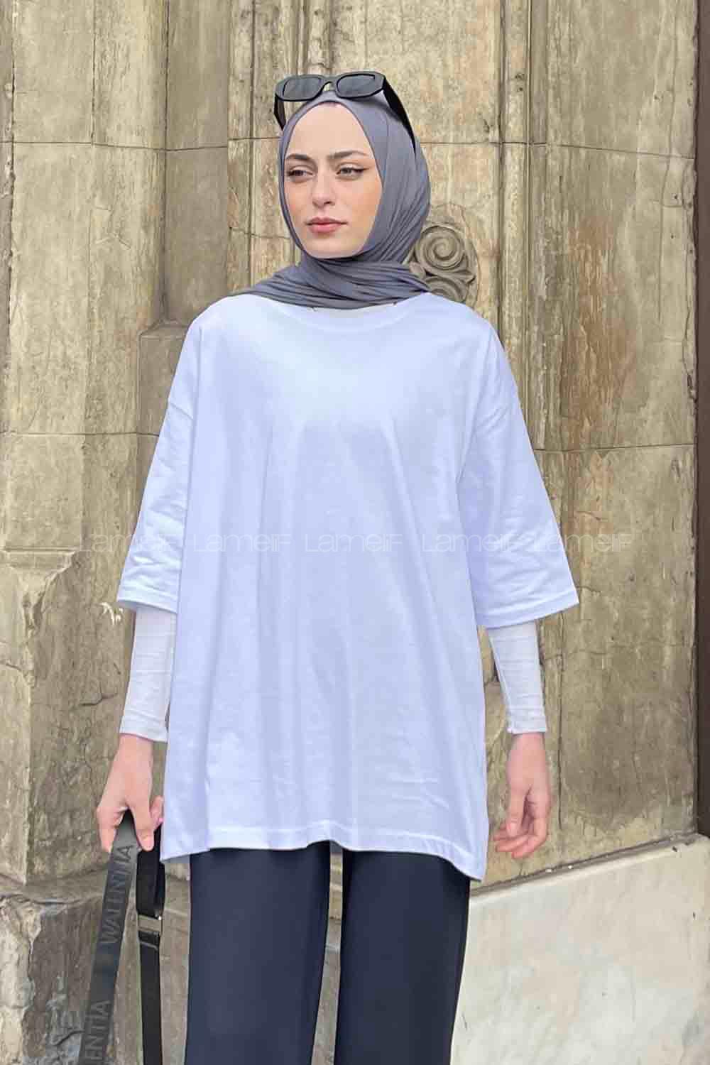 White Loose Crew Neck Short Arm Cotton Fabric T-shirt