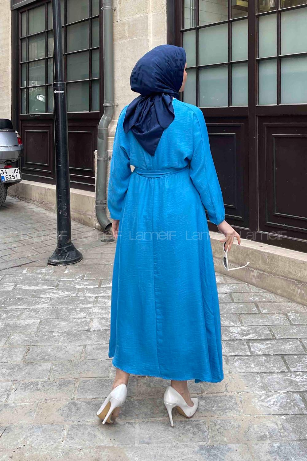 Lamelif  Keten Kumaş Tesettür Elbise Mavi