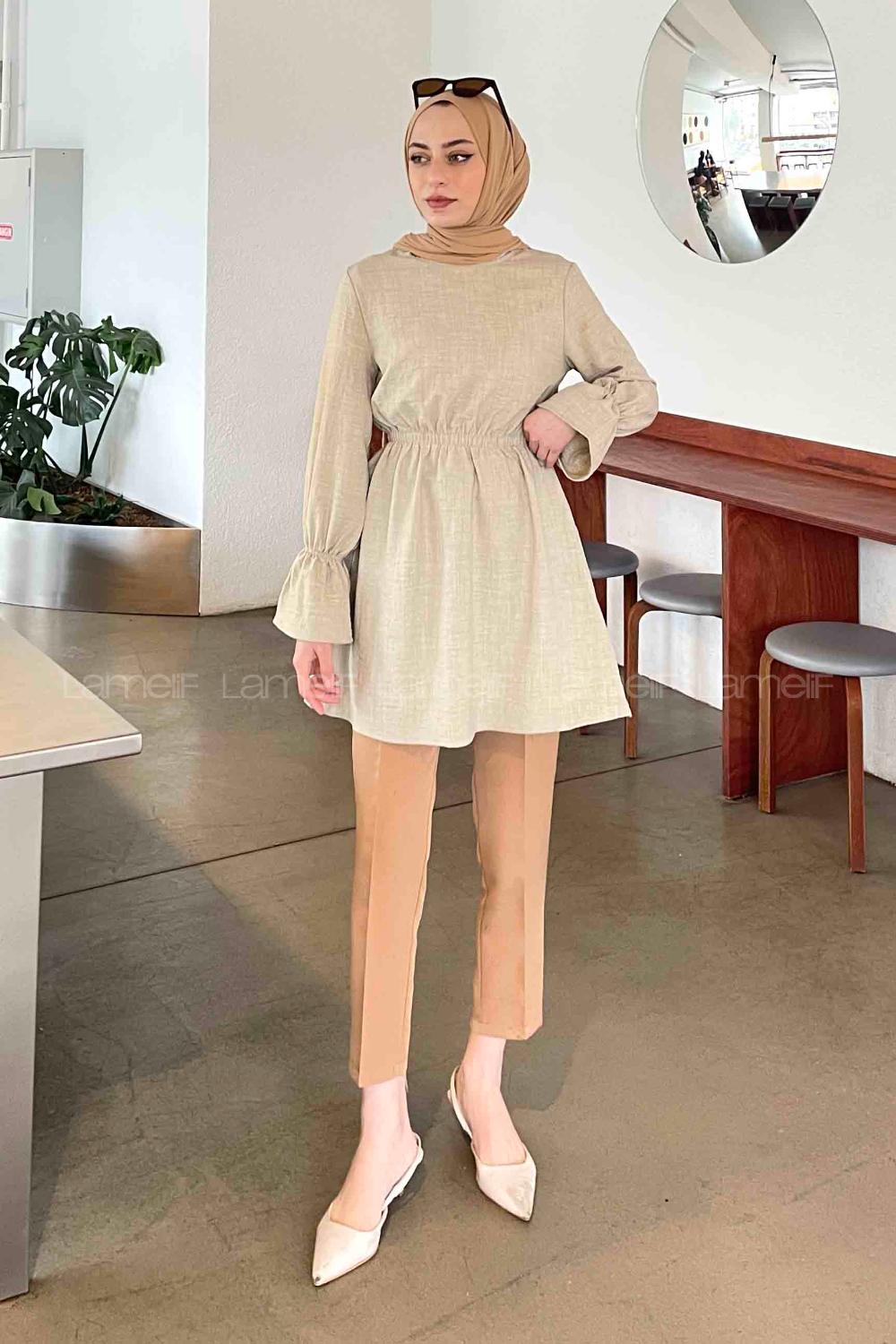 Beige Crew Neck Cotton Fabric Unprinted Tunic