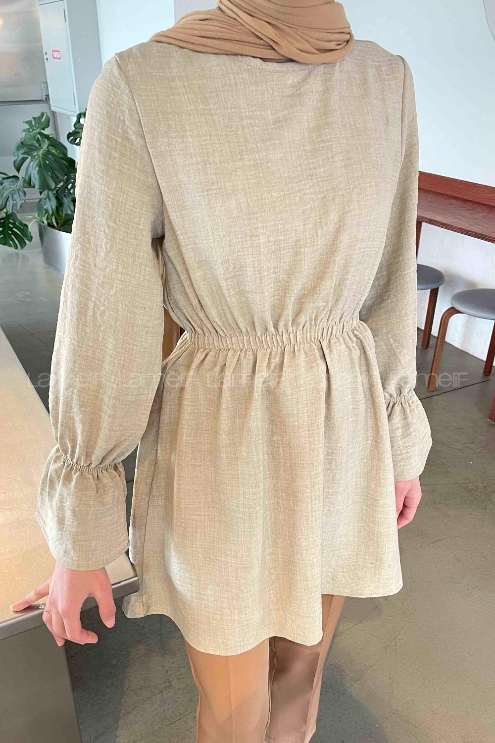 Beige Crew Neck Cotton Fabric Unprinted Tunic