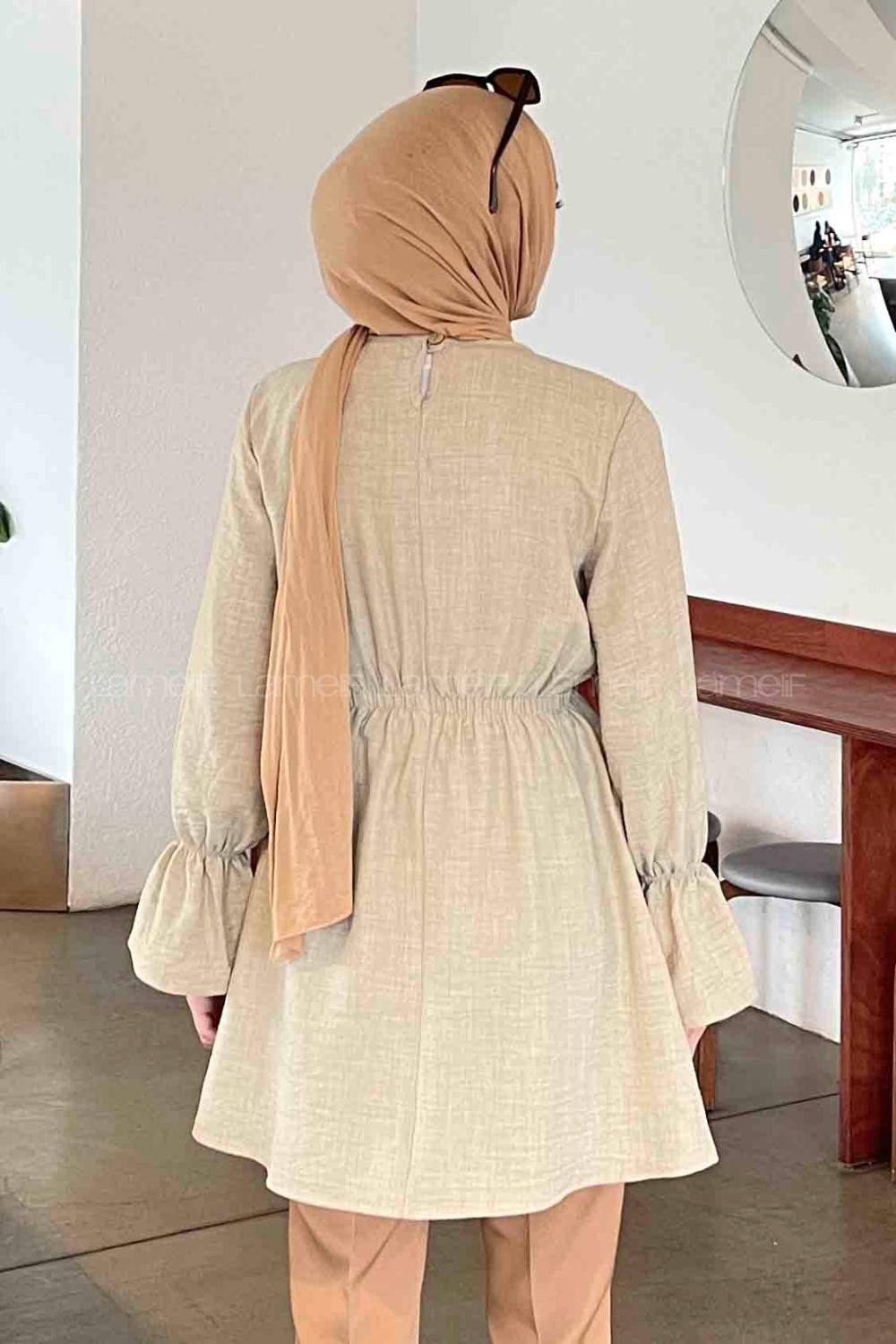 Beige Crew Neck Cotton Fabric Unprinted Tunic