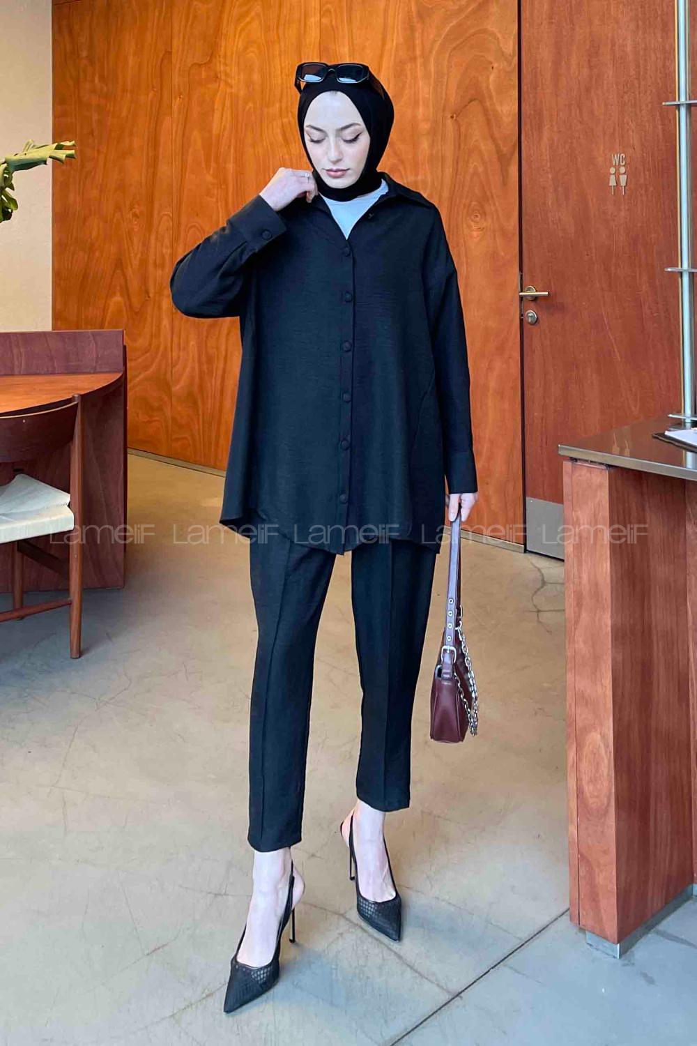 Black Shirt Collar Long Arm Linen Regular Trousers Comfortable Suit