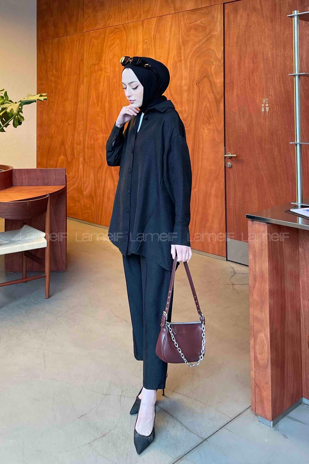 Black Shirt Collar Long Arm Linen Regular Trousers Comfortable Suit
