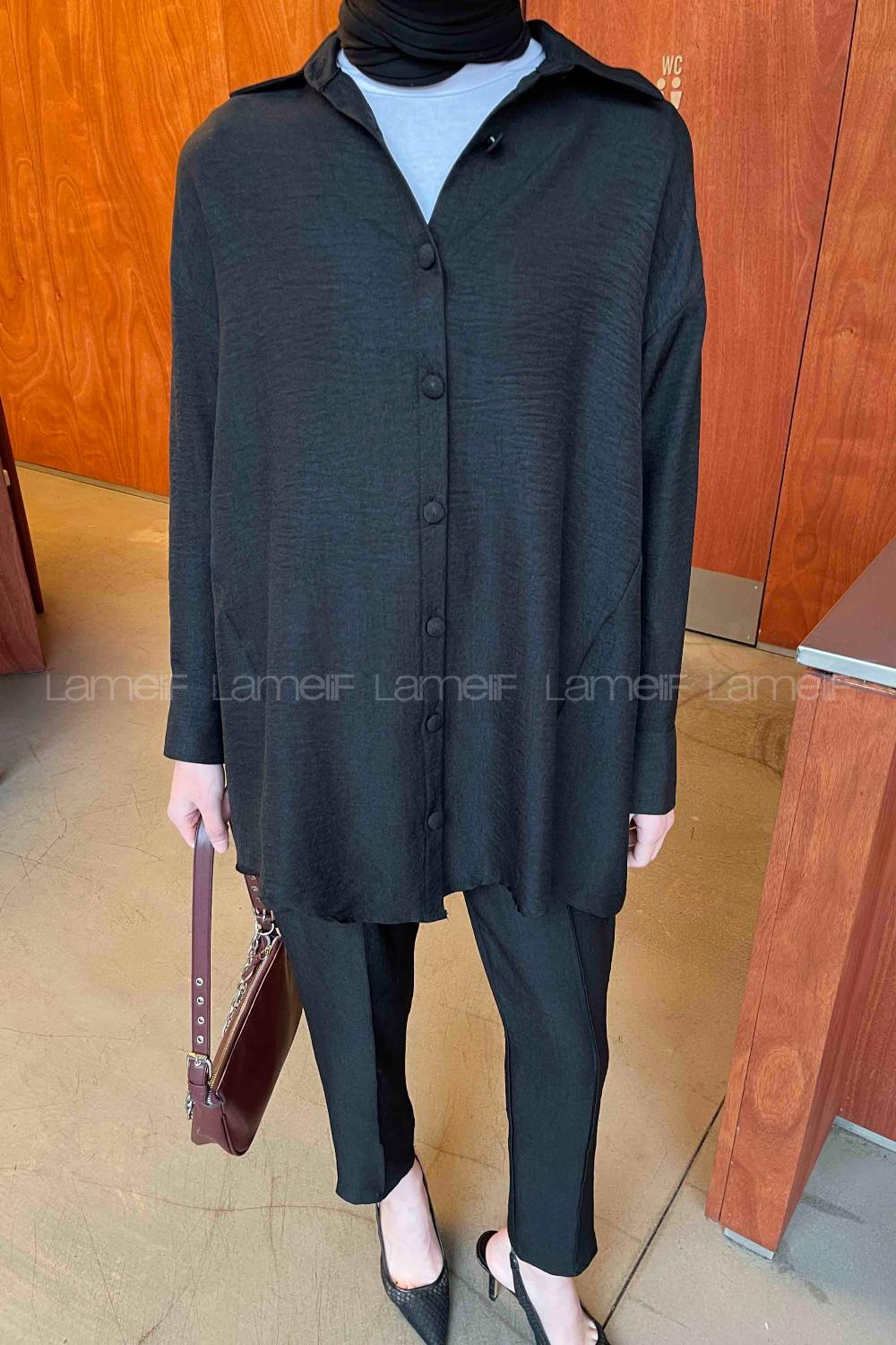 Black Shirt Collar Long Arm Linen Regular Trousers Comfortable Suit