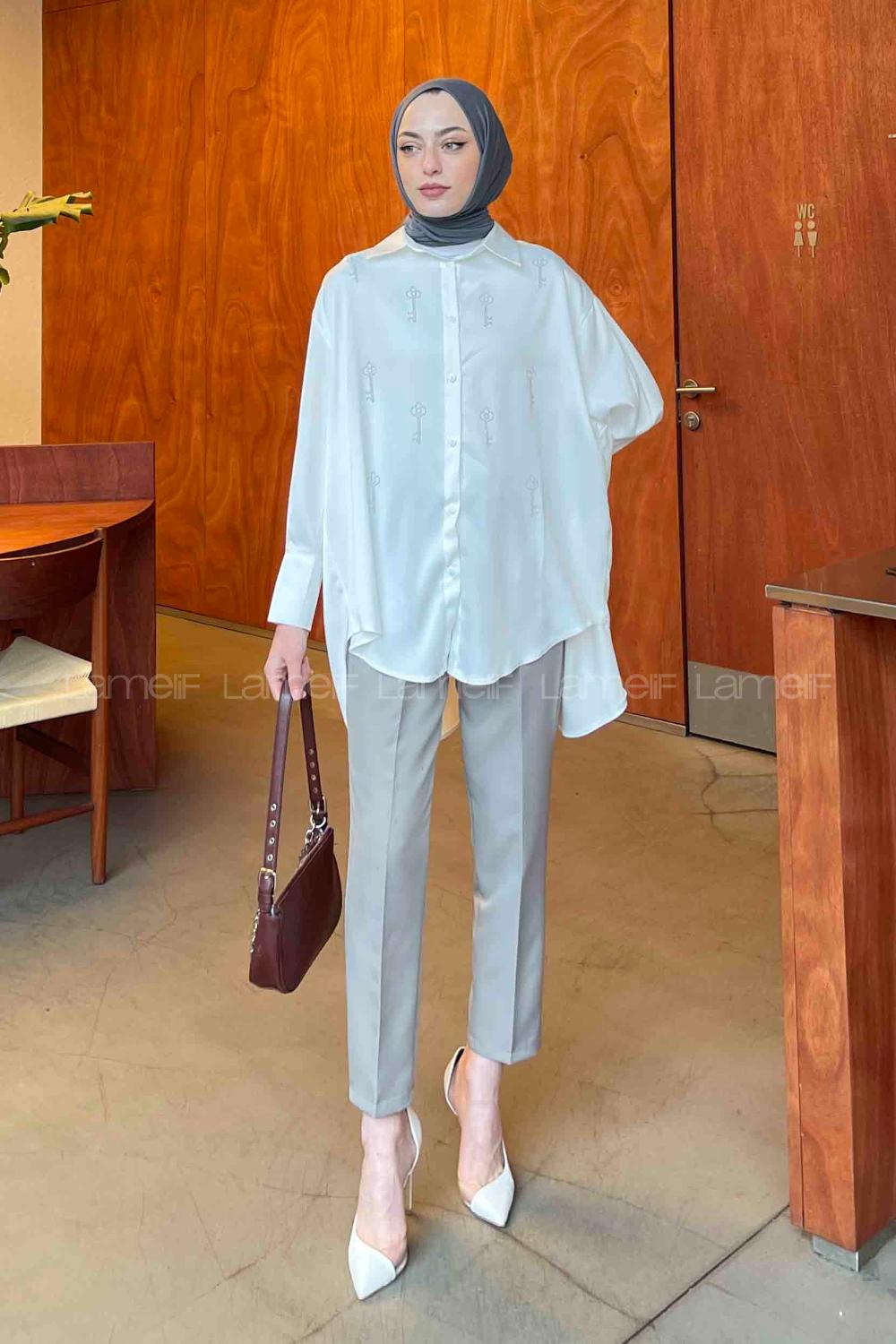 Lamelif Porte Saten Gömlek Beyaz