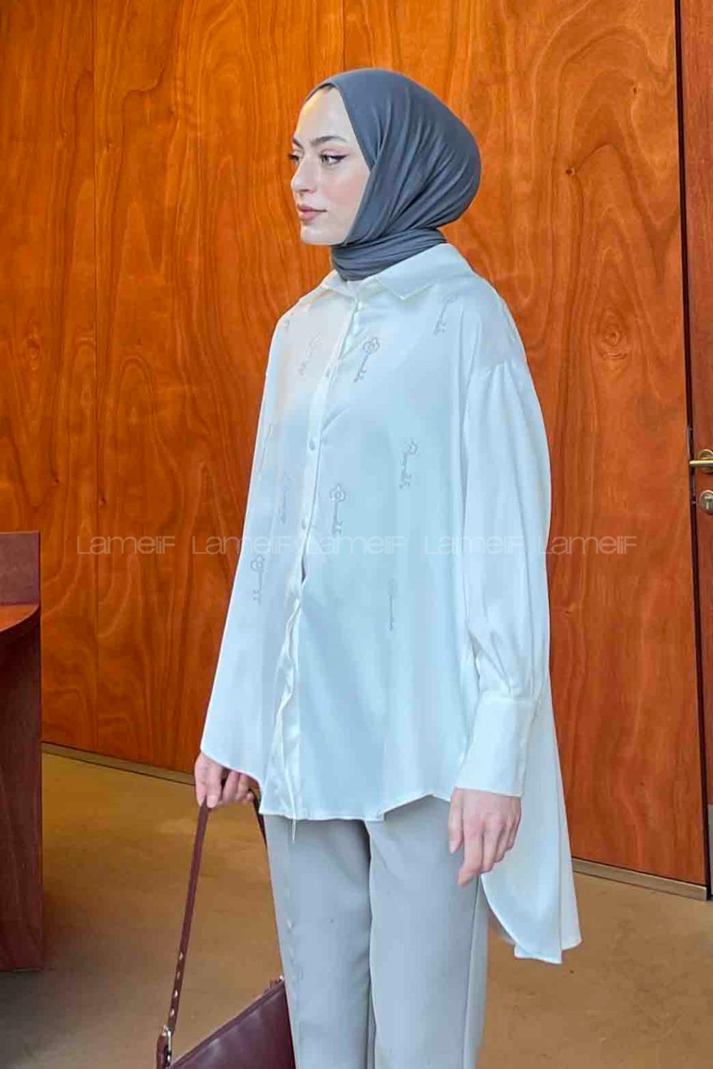 Lamelif Porte Saten Gömlek Beyaz