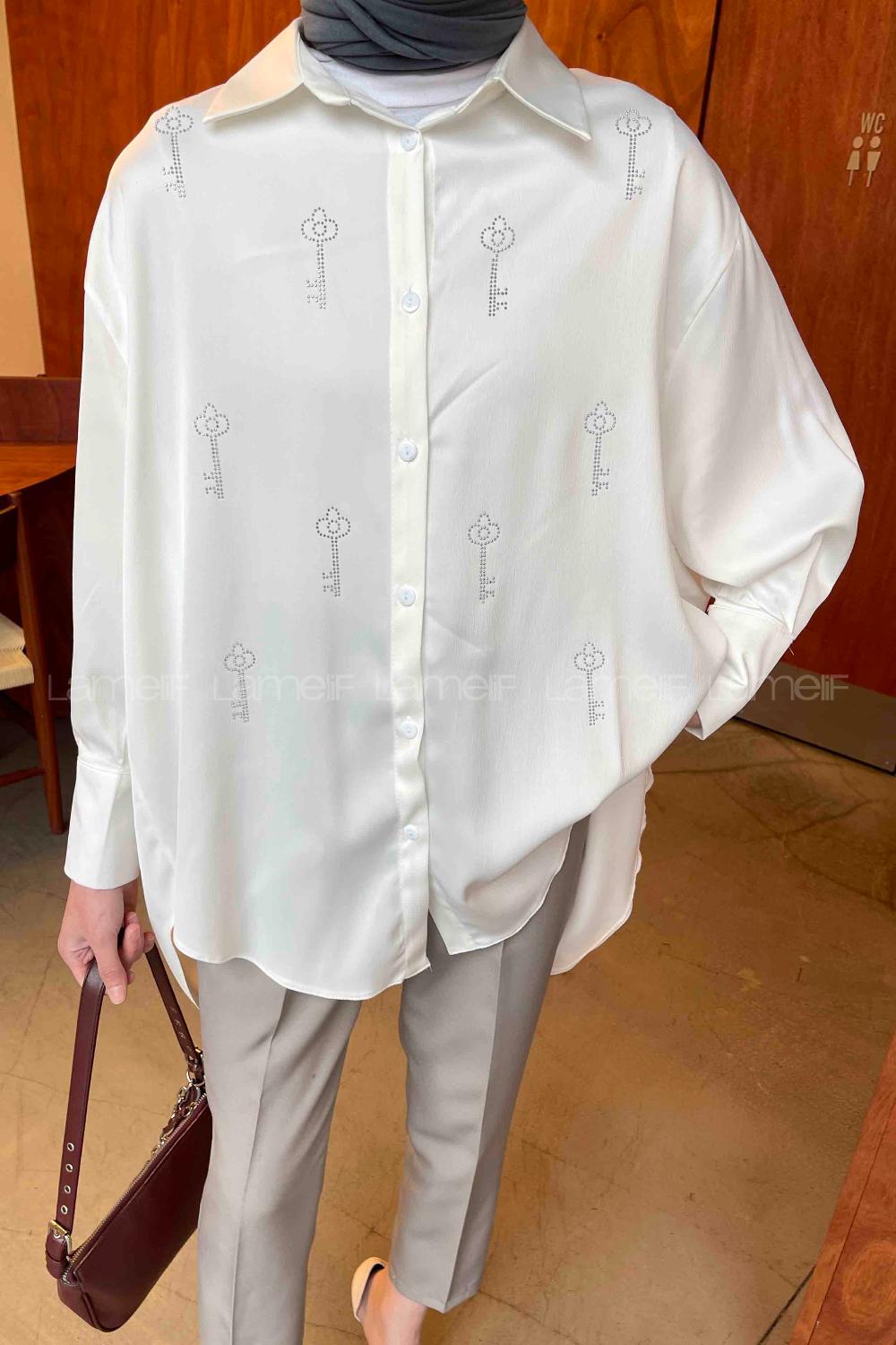 Lamelif Porte Saten Gömlek Beyaz