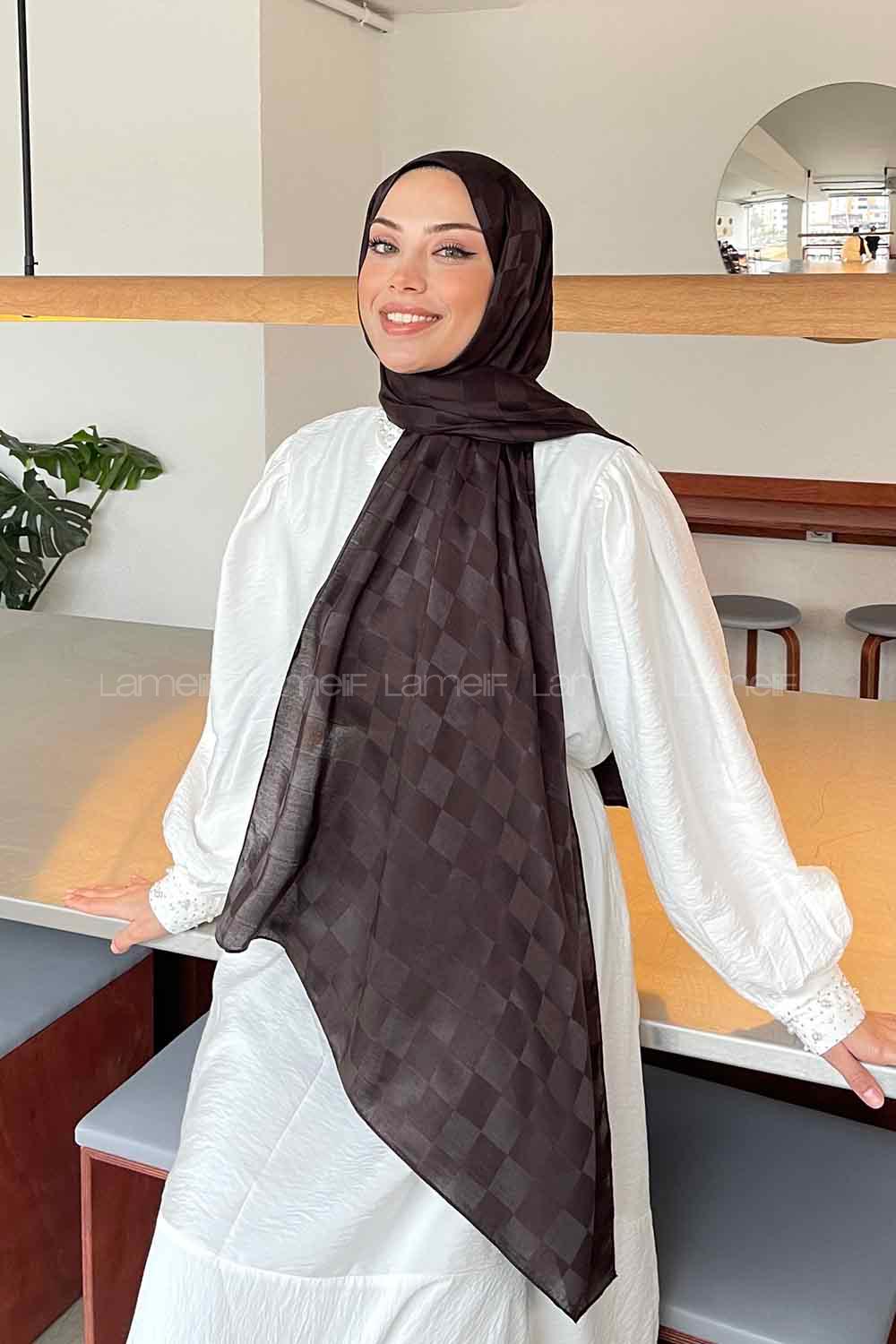 Plaid Brown Viscose Fabric Printed Shawl