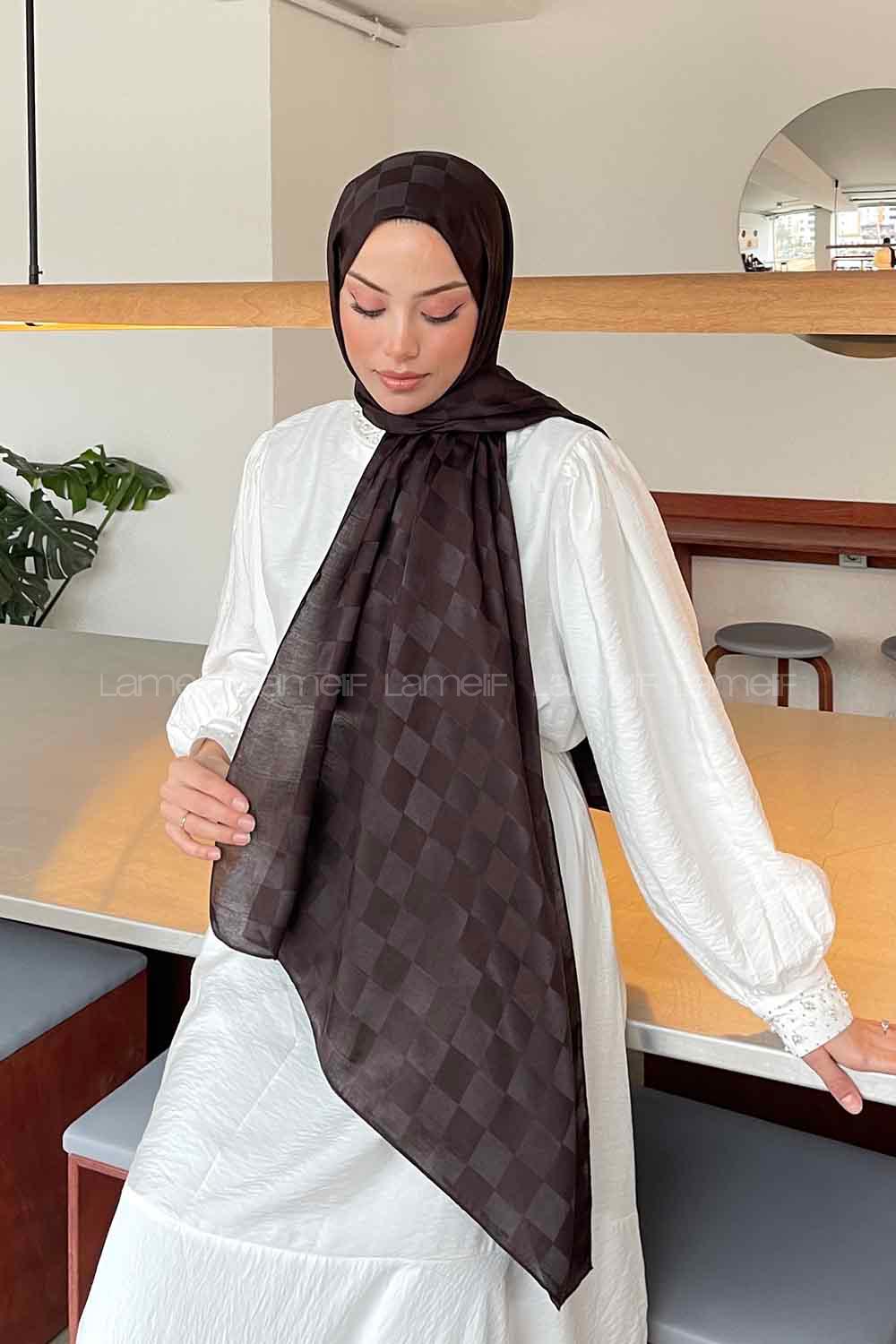 Plaid Brown Viscose Fabric Printed Shawl