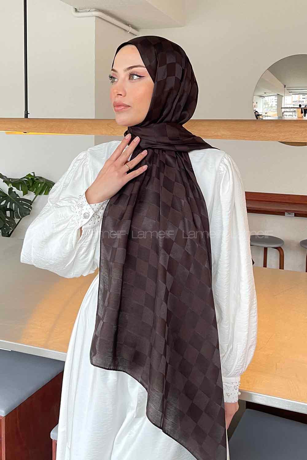 Plaid Brown Viscose Fabric Printed Shawl