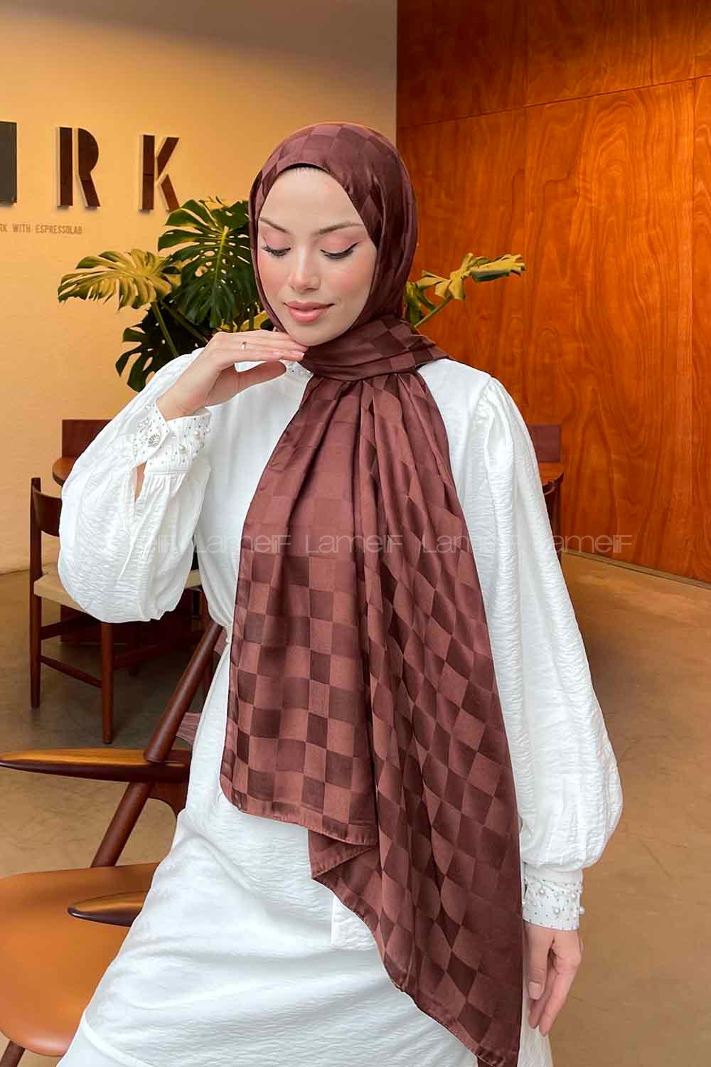 Lamelif Dama Desen Jakar Şal Çikolata Kahve