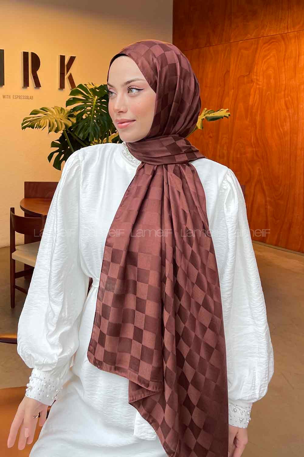 Lamelif Dama Desen Jakar Şal Çikolata Kahve