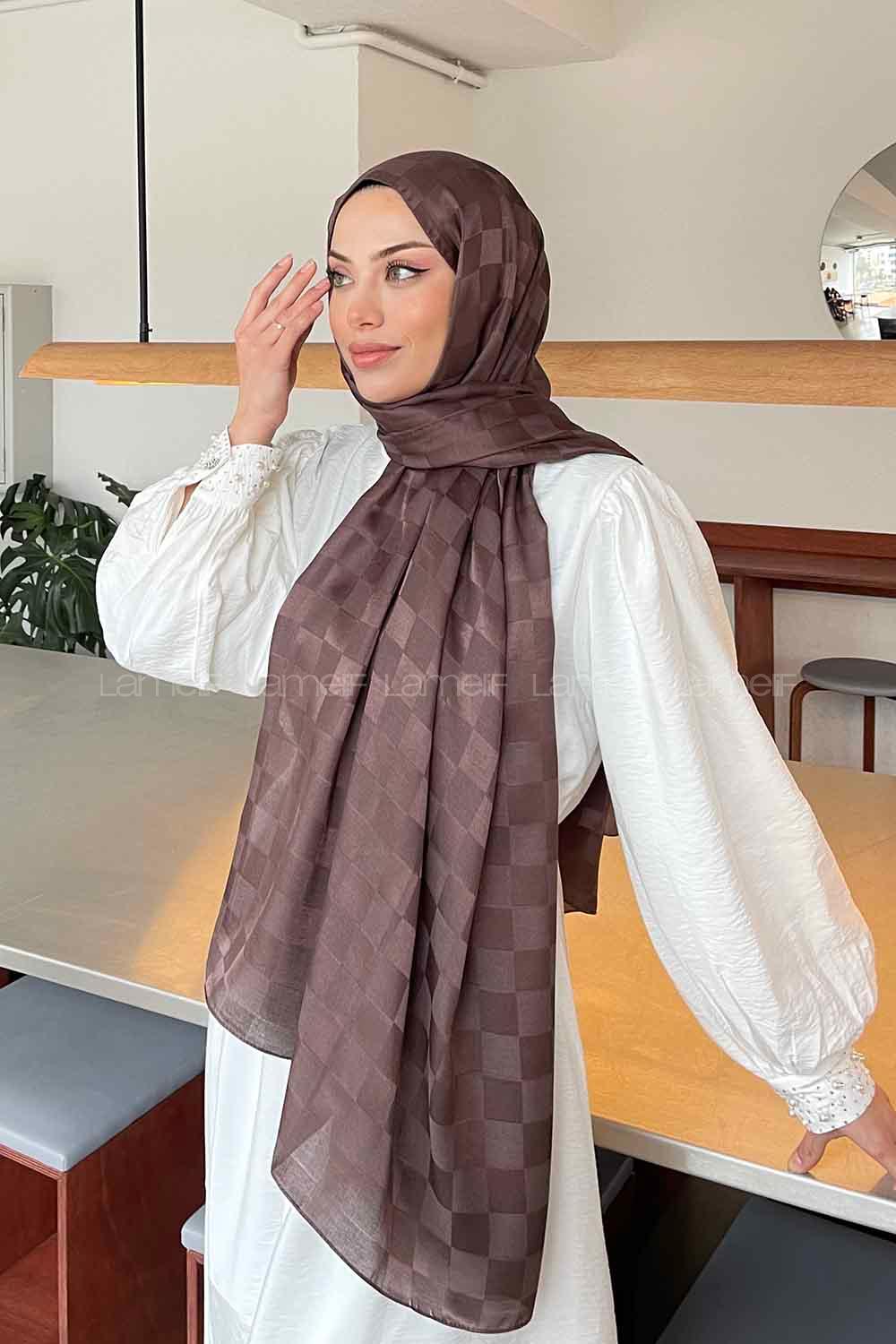 Lamelif Dama Desen Jakar Şal Soft Kahve