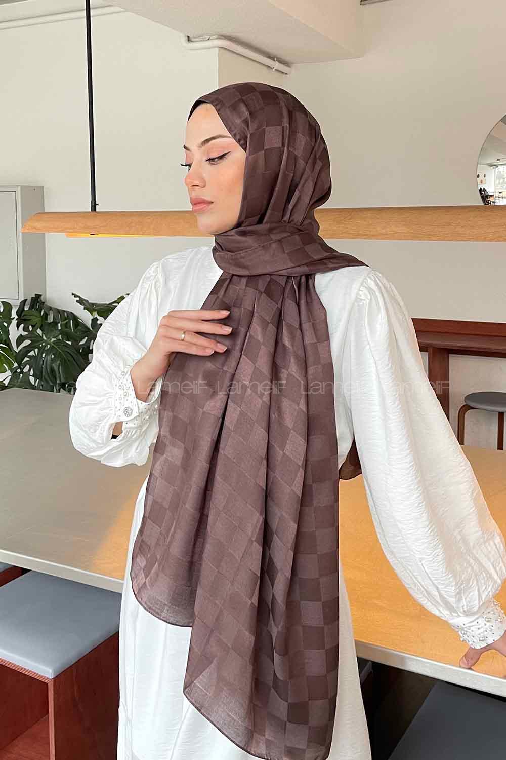 Lamelif Dama Desen Jakar Şal Soft Kahve