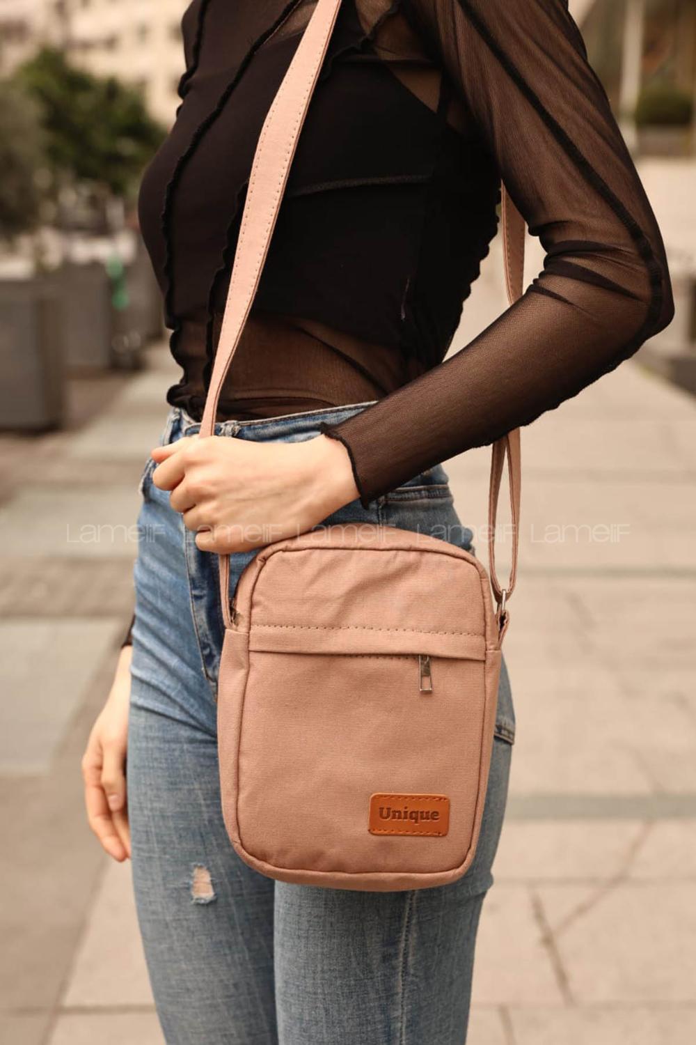 Lamelif Fermuarlı Kanvas İki Bölmeli Omuz Çantası Bej