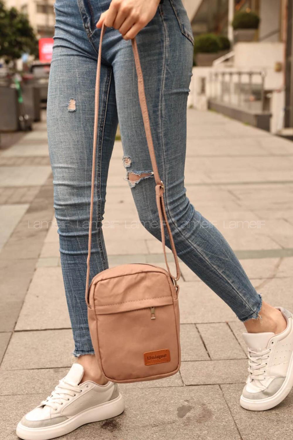 Lamelif Fermuarlı Kanvas İki Bölmeli Omuz Çantası Bej