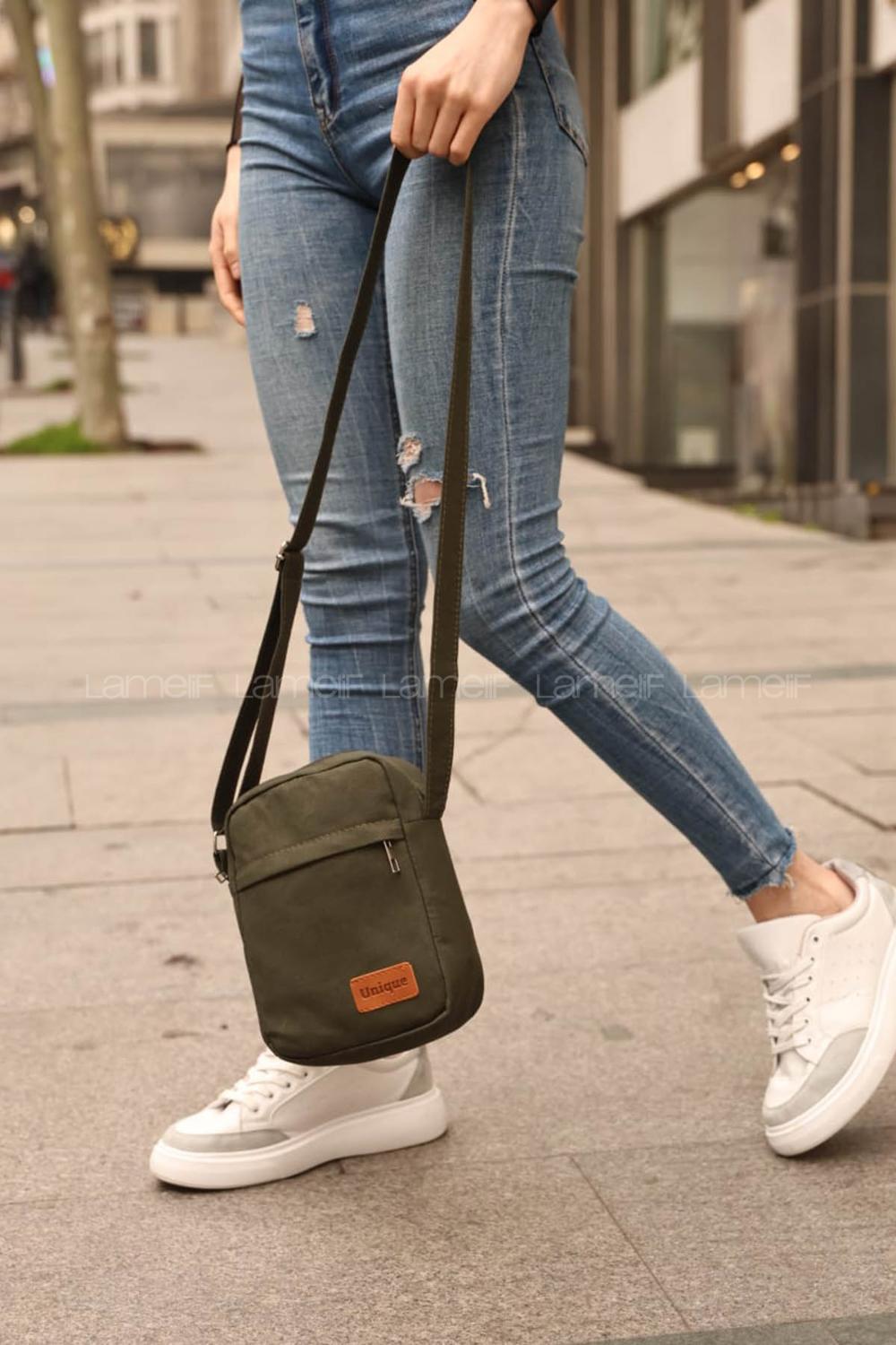 Lamelif Fermuarlı Kanvas İki Bölmeli Omuz Çantası Haki