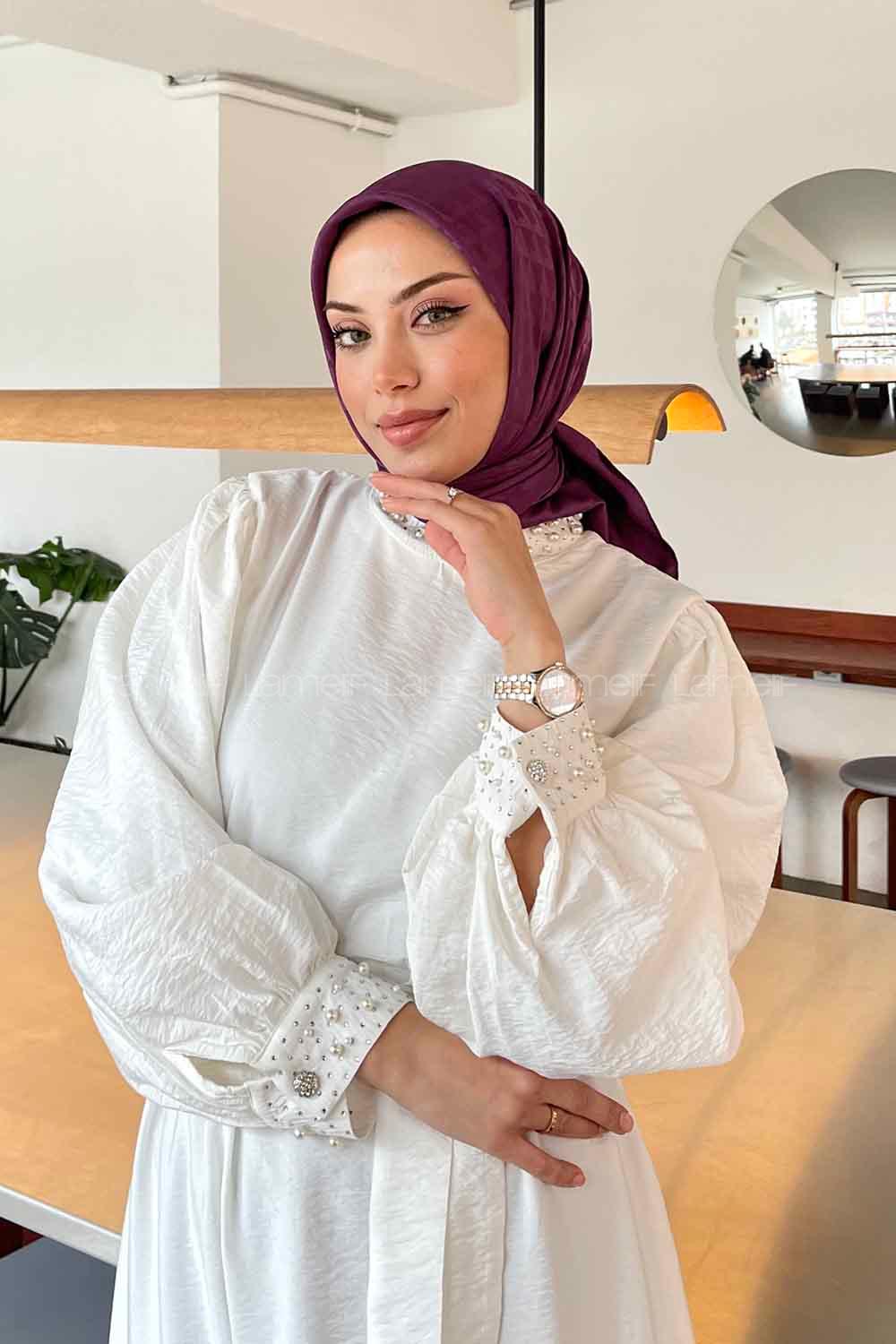 Lamelif Geometrik Desen Jakar Eşarp Mürdüm