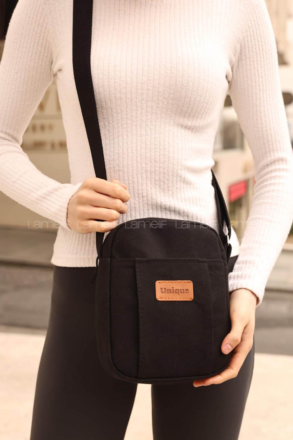 Lamelif  Kanvas İki Bölmeli Omuz Çantası Siyah