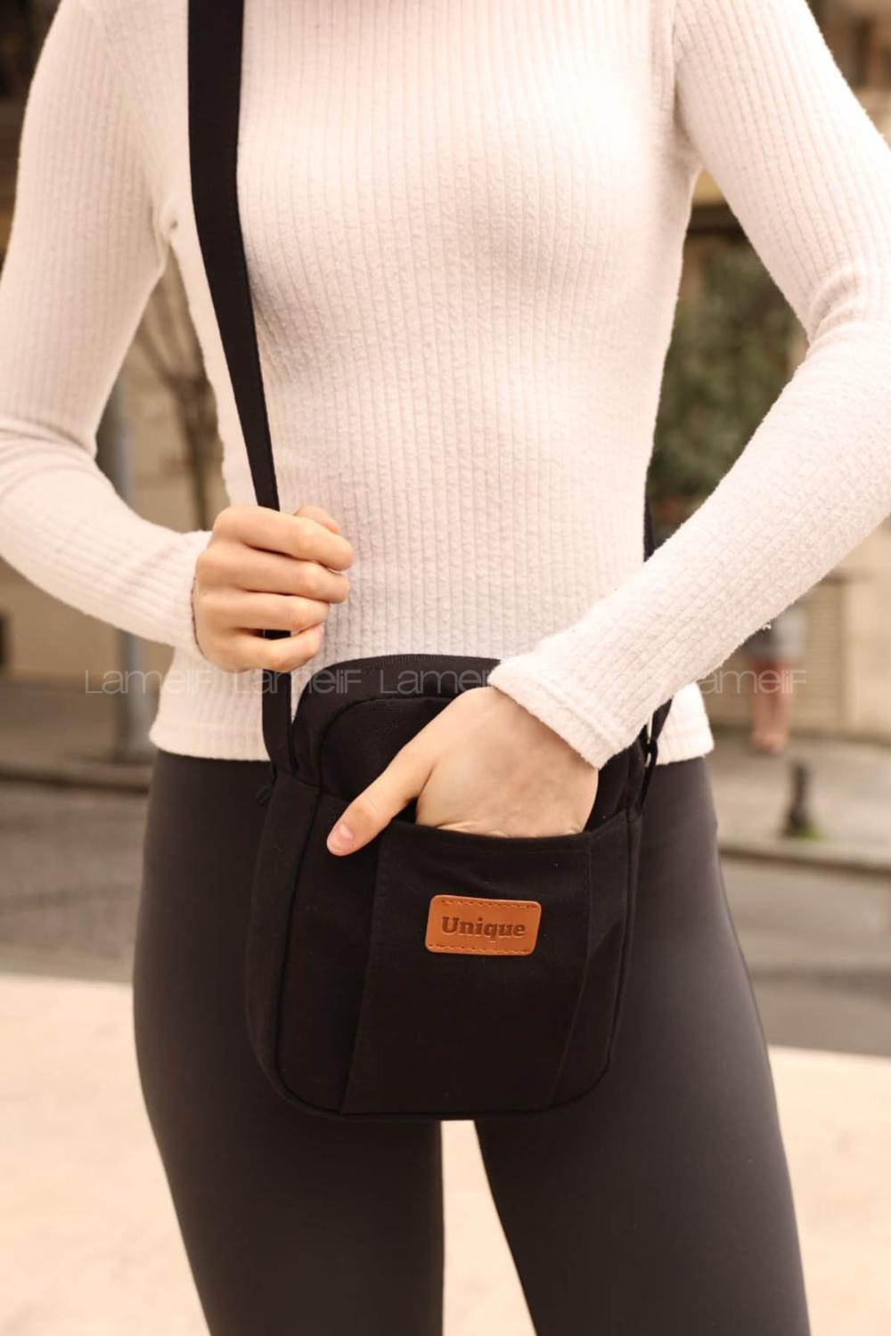 Lamelif  Kanvas İki Bölmeli Omuz Çantası Siyah