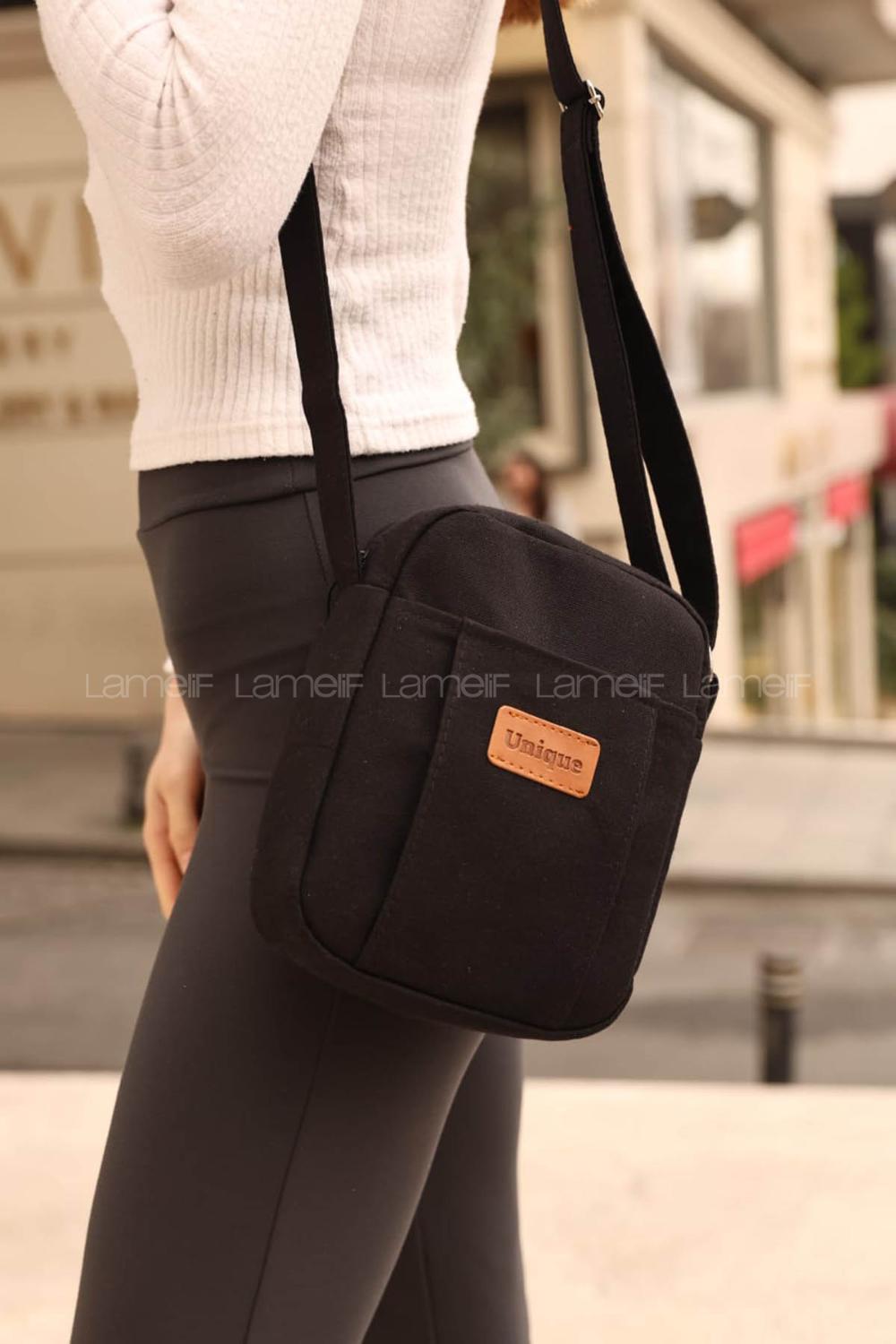 Lamelif  Kanvas İki Bölmeli Omuz Çantası Siyah