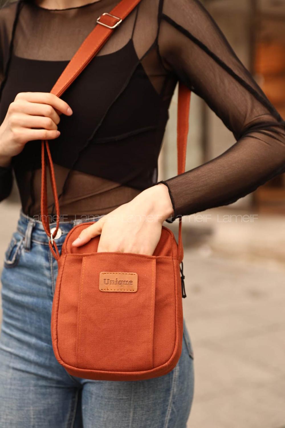 Lamelif  Kanvas İki Bölmeli Omuz Çantası Taba