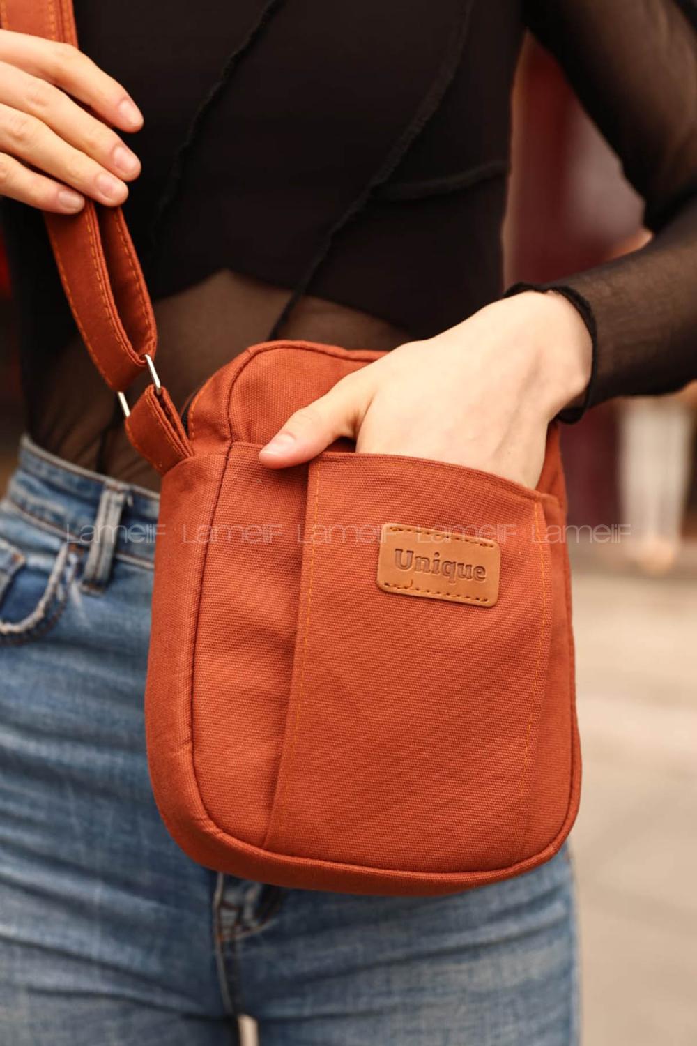 Lamelif  Kanvas İki Bölmeli Omuz Çantası Taba