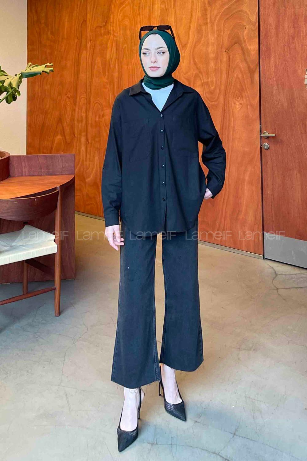 Lamelif Katlamalı Kol Detaylı Gömlek Siyah