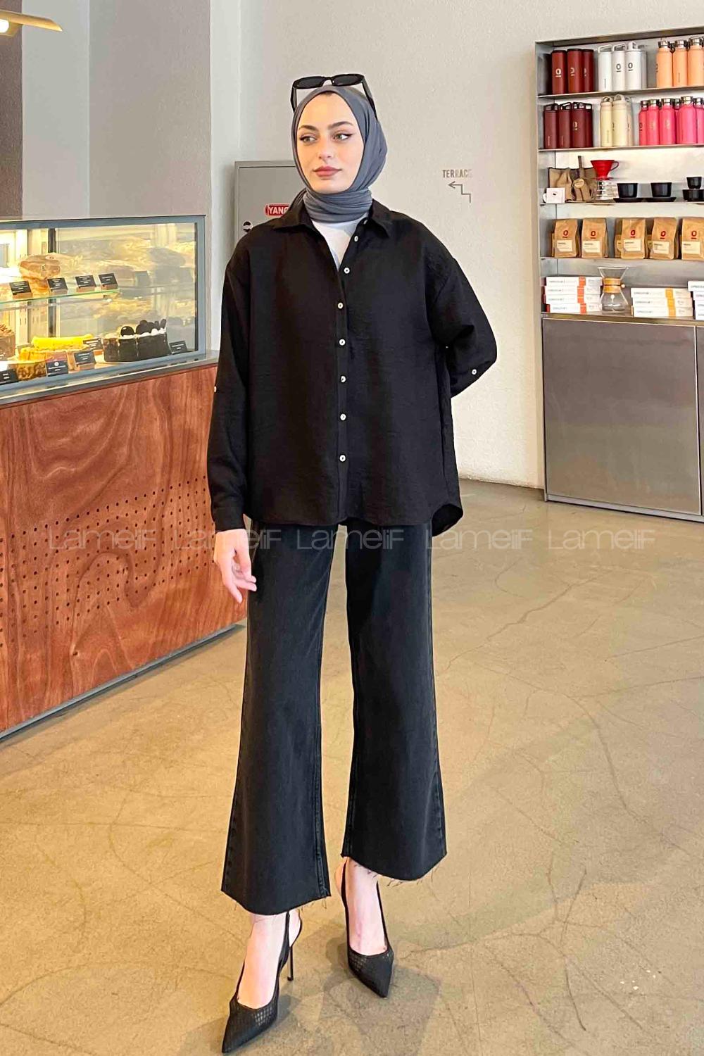Black Shirt Collar Long Arm Viscose Fabric Shirt