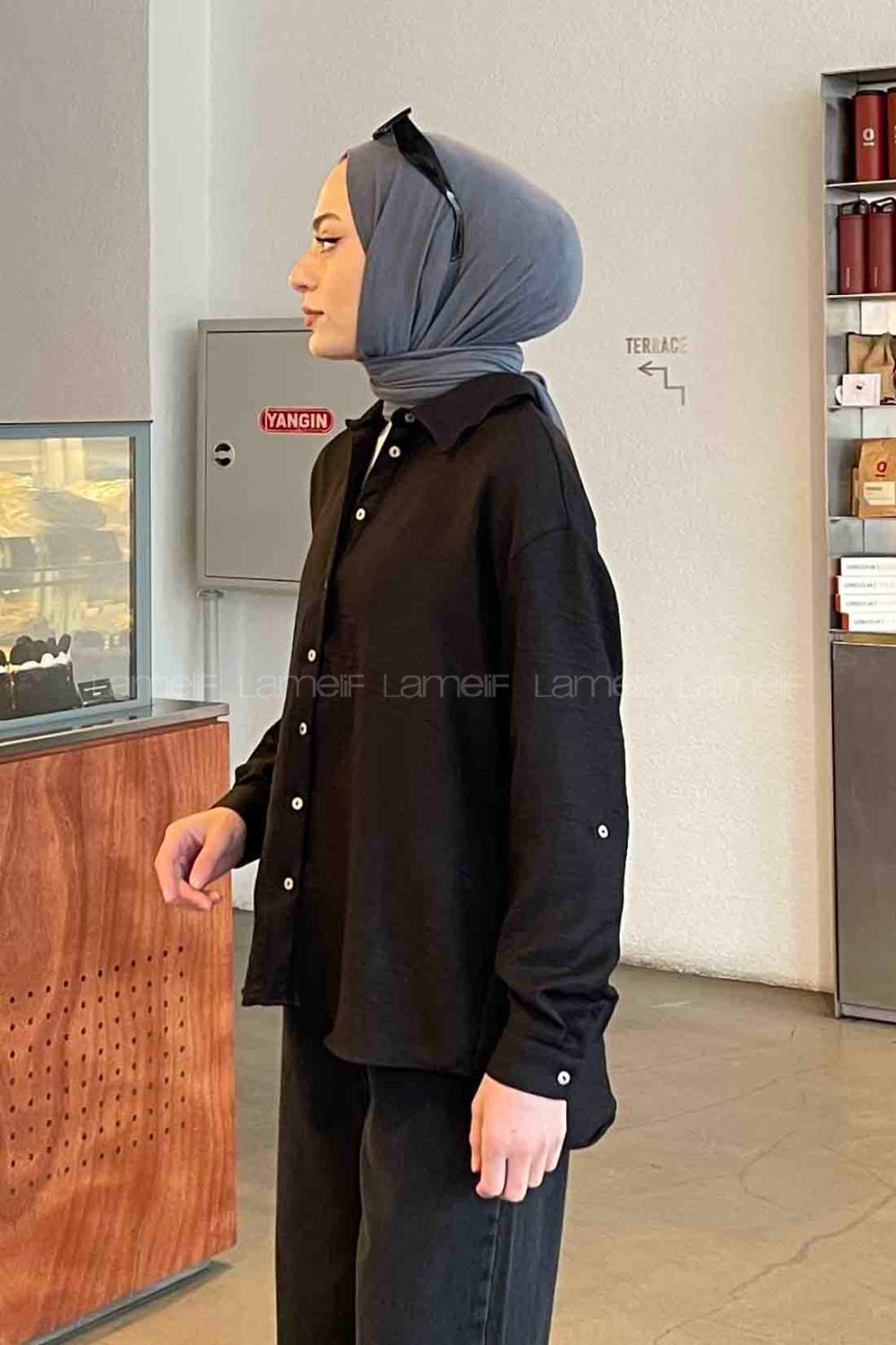 Black Shirt Collar Long Arm Viscose Fabric Shirt