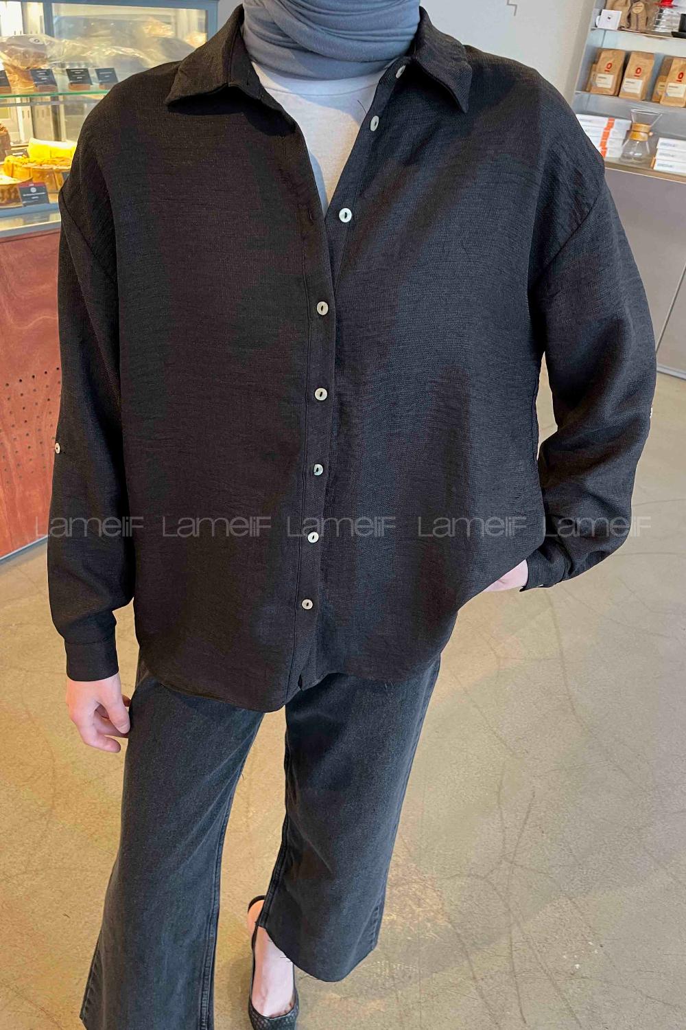 Black Shirt Collar Long Arm Viscose Fabric Shirt