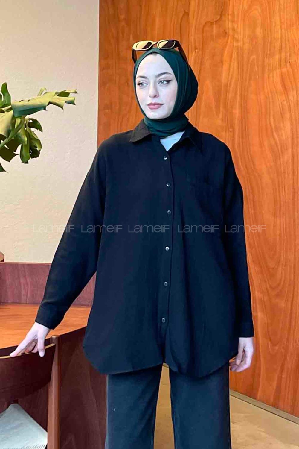 Black Shirt Collar Long Arm Viscose Fabric Shirt
