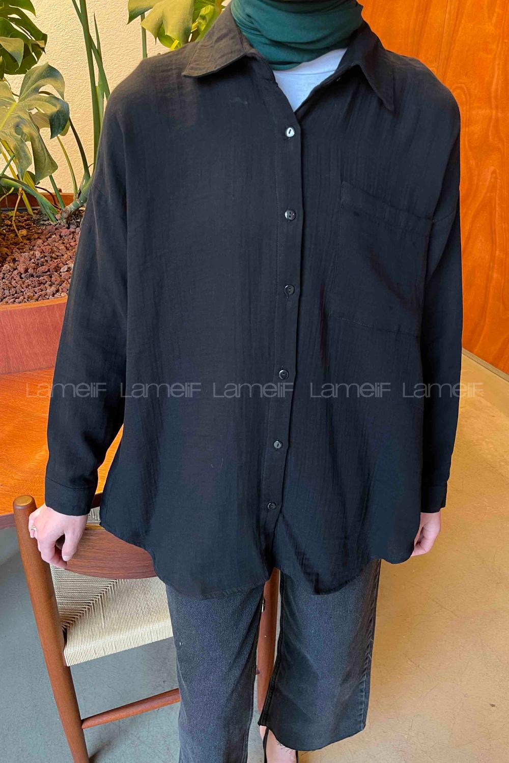 Black Shirt Collar Long Arm Viscose Fabric Shirt