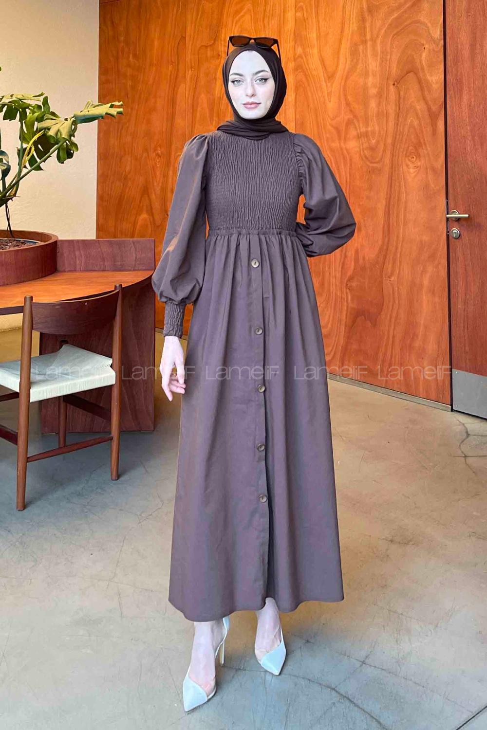 Lamelif Önü Büzgülü Düğme Detay Elbise Koyu Kahve