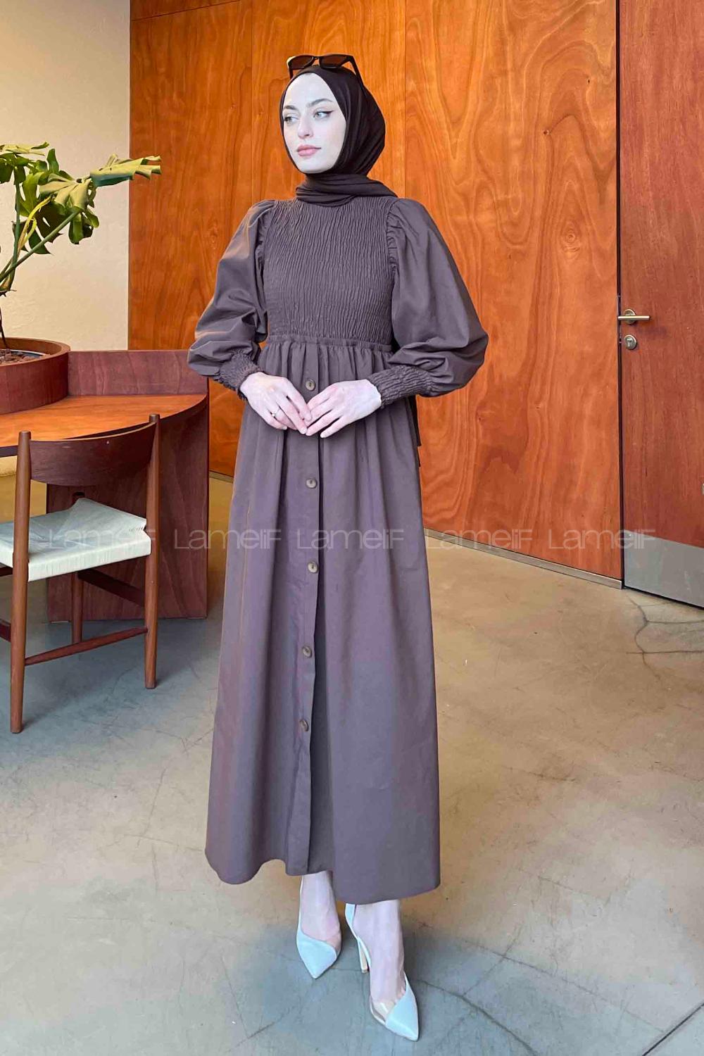 Lamelif Önü Büzgülü Düğme Detay Elbise Koyu Kahve