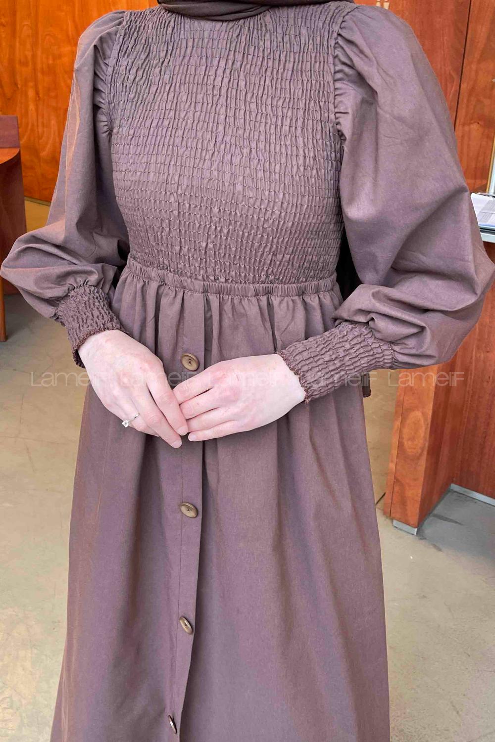 Lamelif Önü Büzgülü Düğme Detay Elbise Koyu Kahve