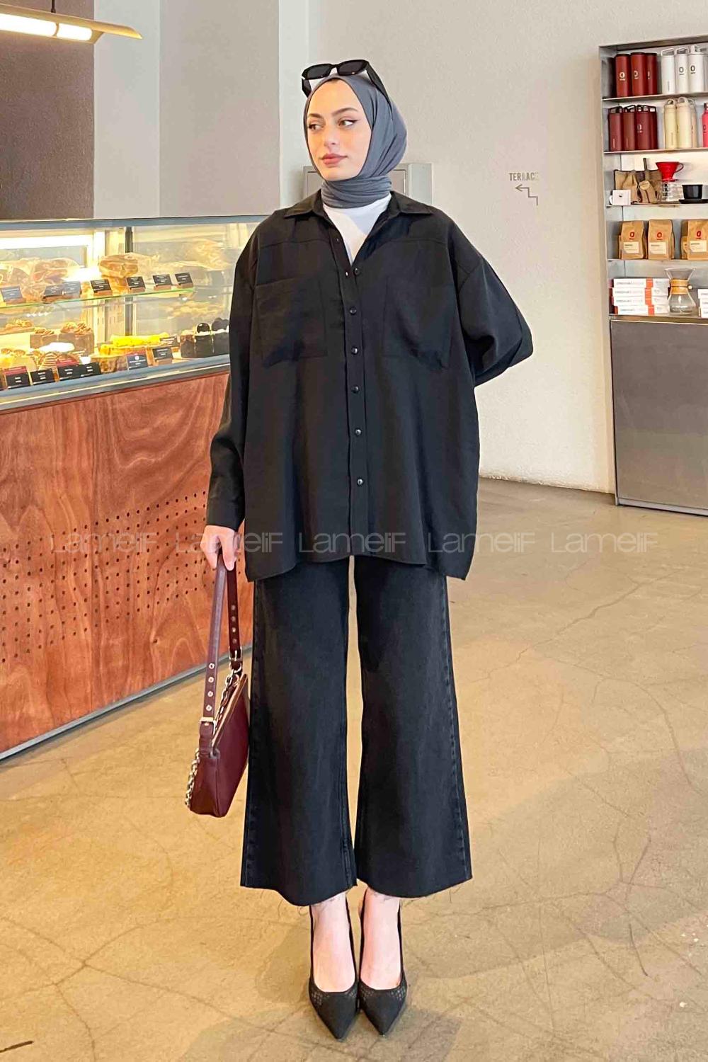 Lamelif Yan Yırtmaçlı Gömlek Siyah