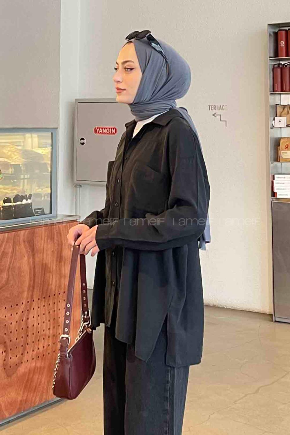 Lamelif Yan Yırtmaçlı Gömlek Siyah