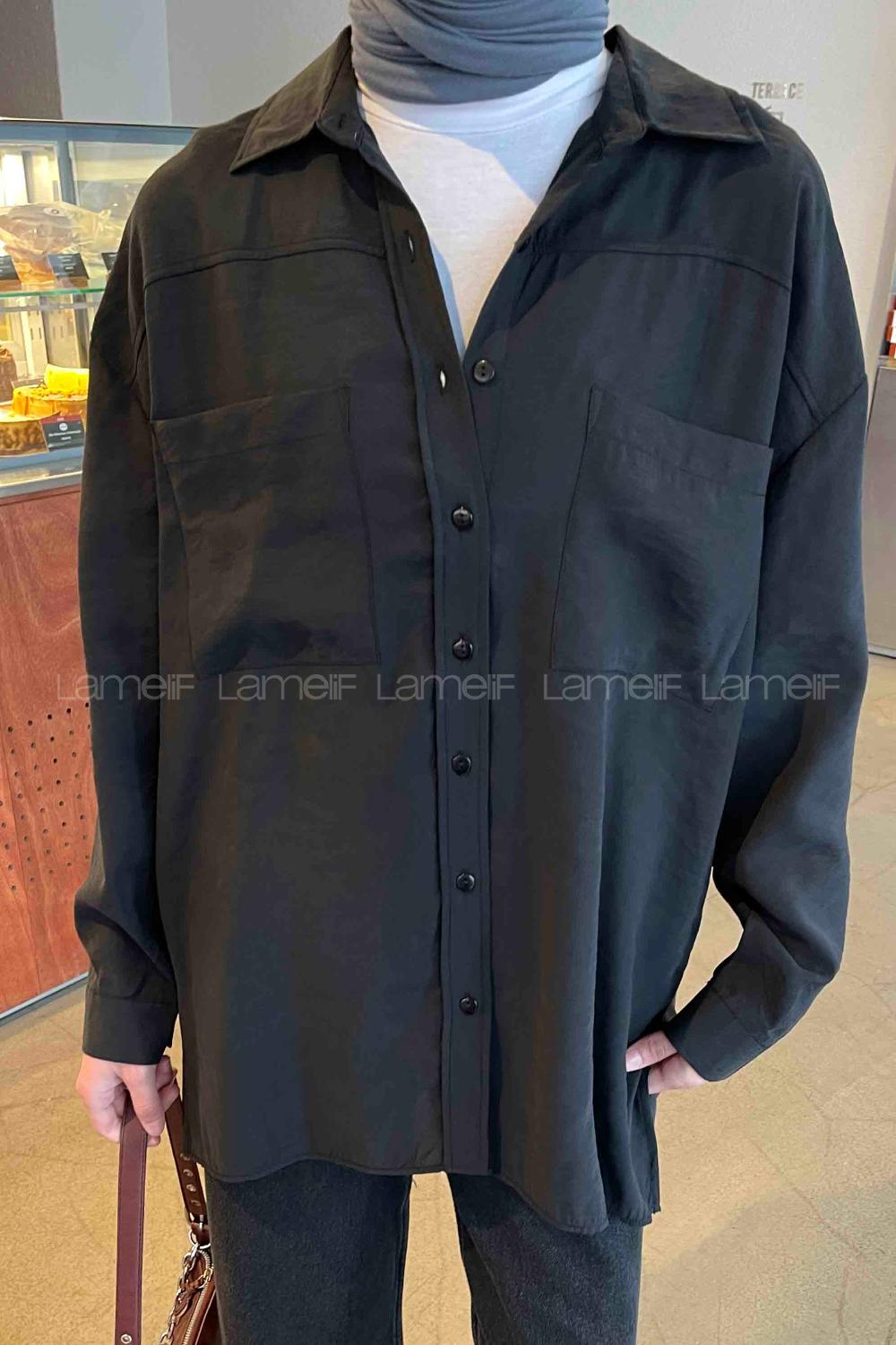 Lamelif Yan Yırtmaçlı Gömlek Siyah