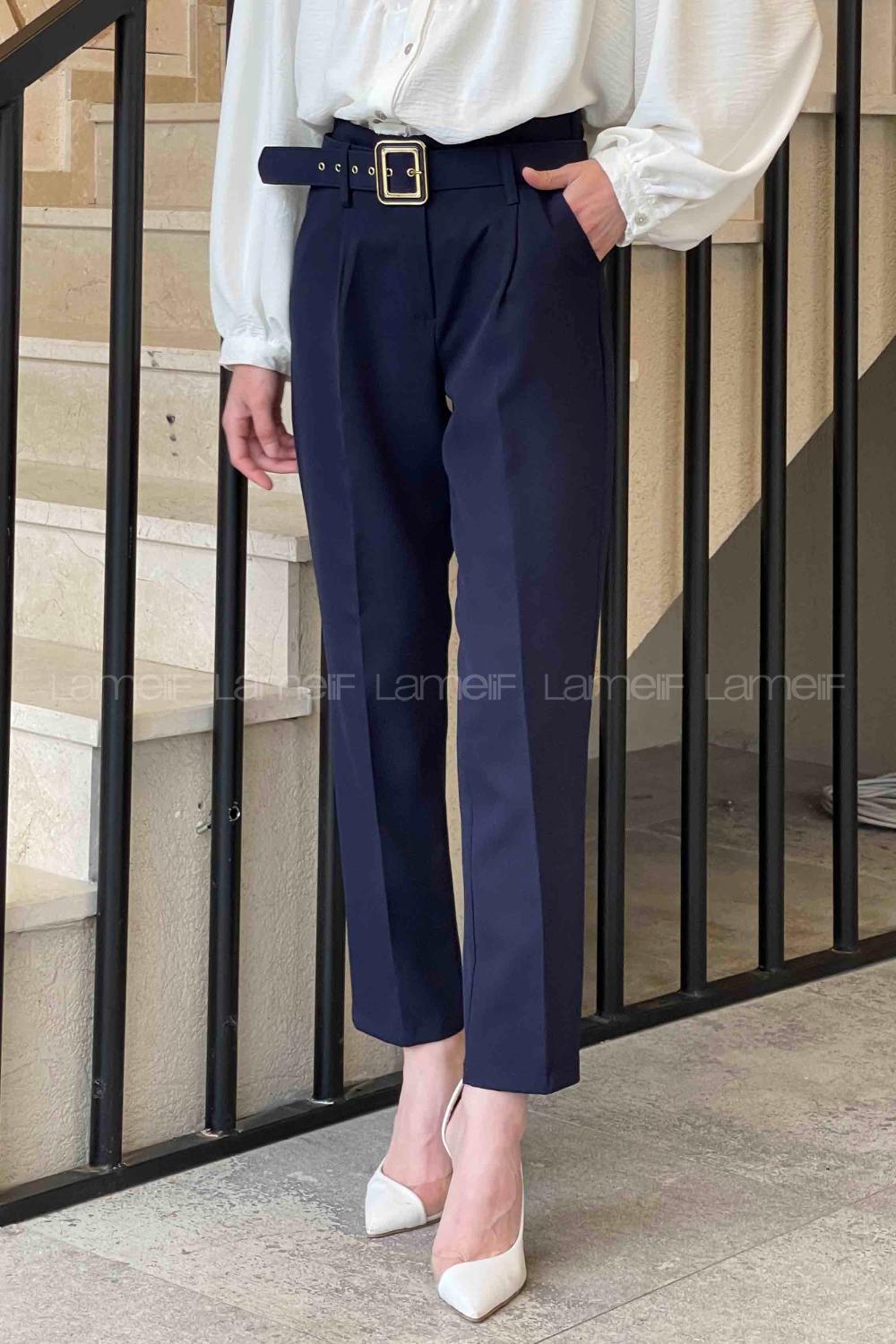 Navy Blue Linen High Waist Linen Pants