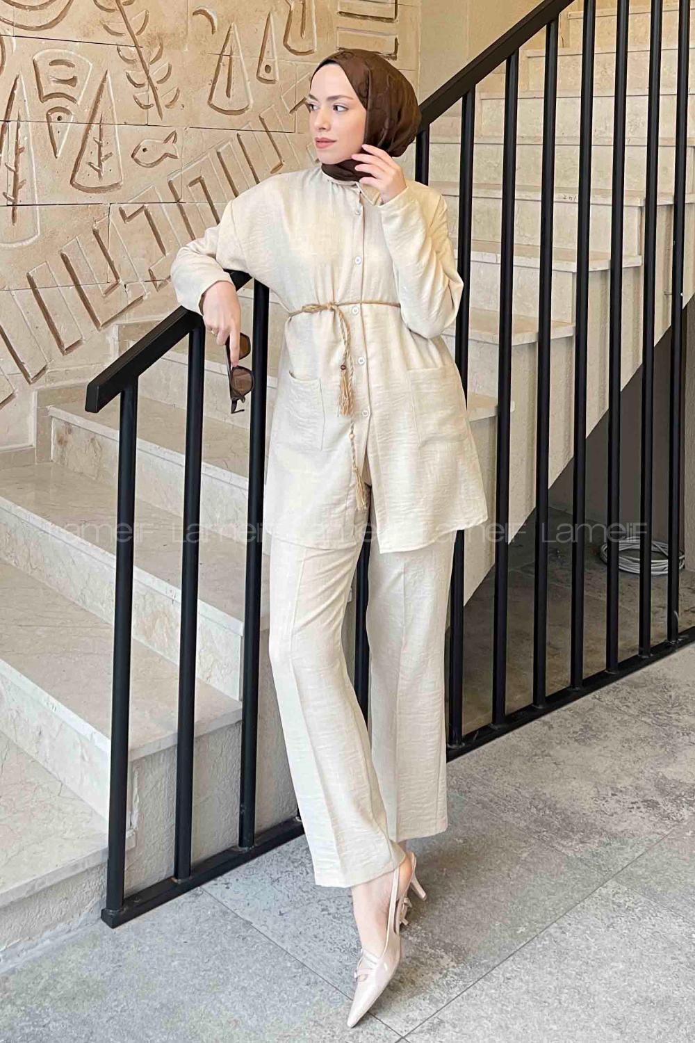 Cream Shirt Collar Long Arm Belted Linen Regular Trousers Linen Suit