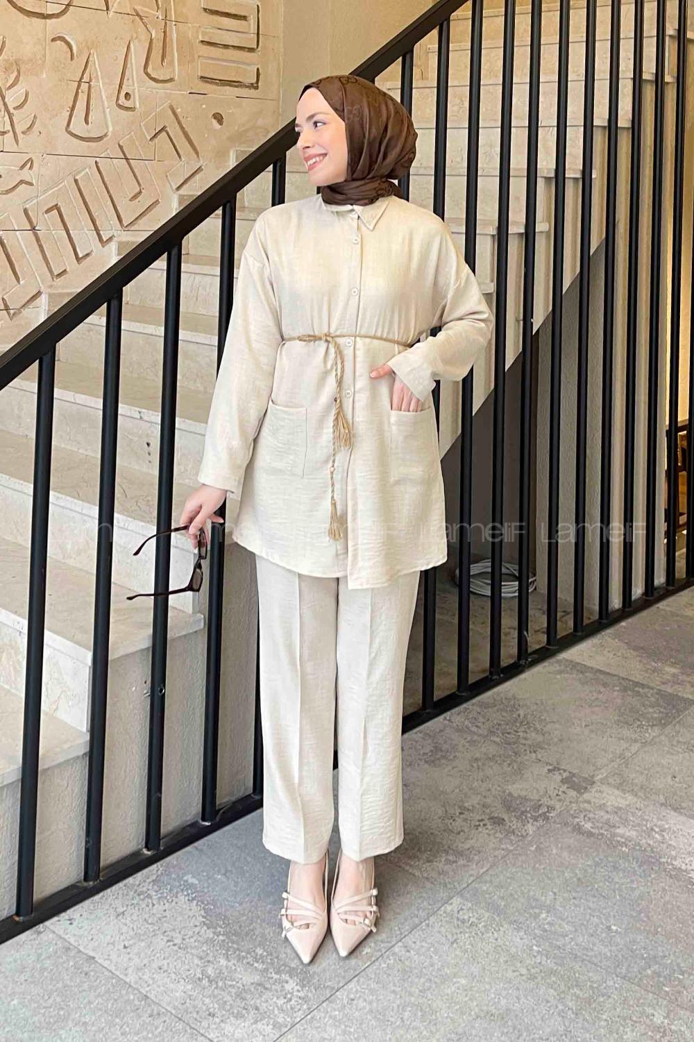 Cream Shirt Collar Long Arm Belted Linen Regular Trousers Linen Suit